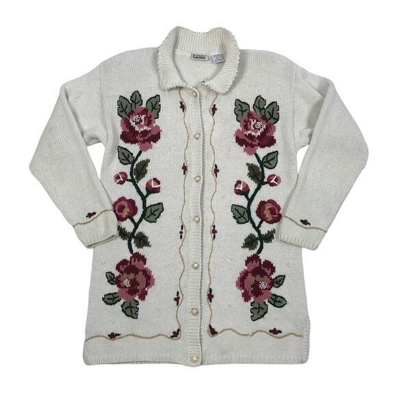 CAPACITY Embroidered Long Cardigan VTG Women M Linen/Cotton Retro Cottage Y2K - Picture 3 of 11